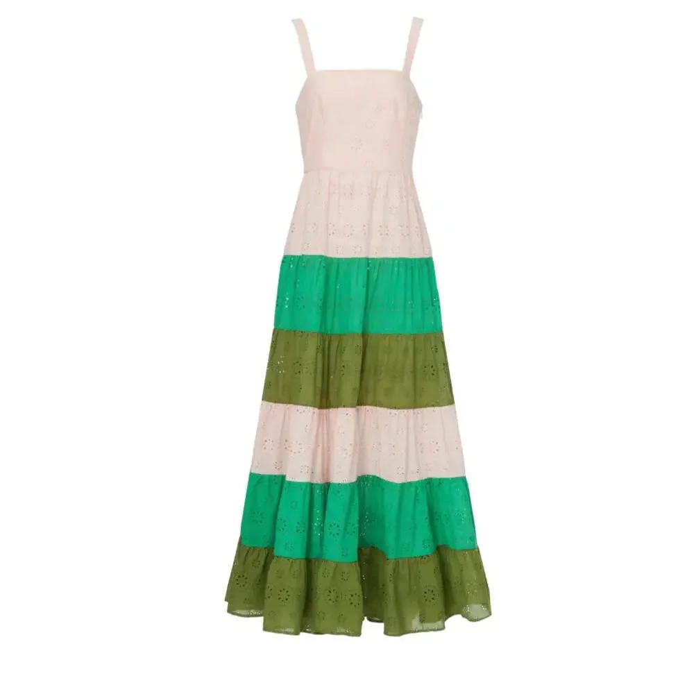 Slate & Willow Green Pink Tiered Ruffle Maxi Dress Size 0 Eyelet Cotton $310 - Picture 3 of 10